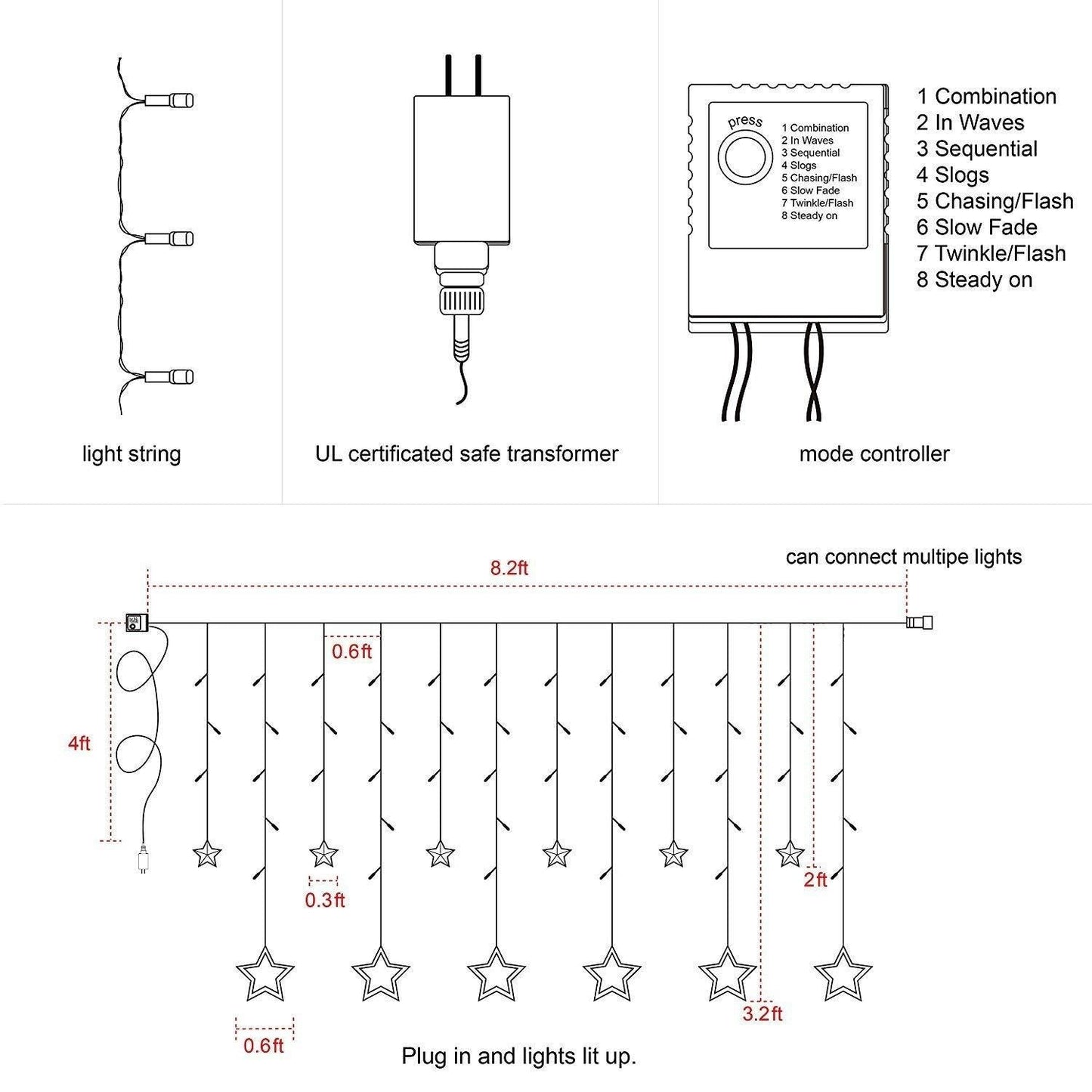 12 STARS CURTAIN LIGHT-Curtain String Lights, 2.5m 12 Stars 138 LED Window Curtain Lights Star Lights with 8 Flashing Modes Diwali Decoration String Lights for Christmas Wedding Party Home Garden, Warm White askddeal.com