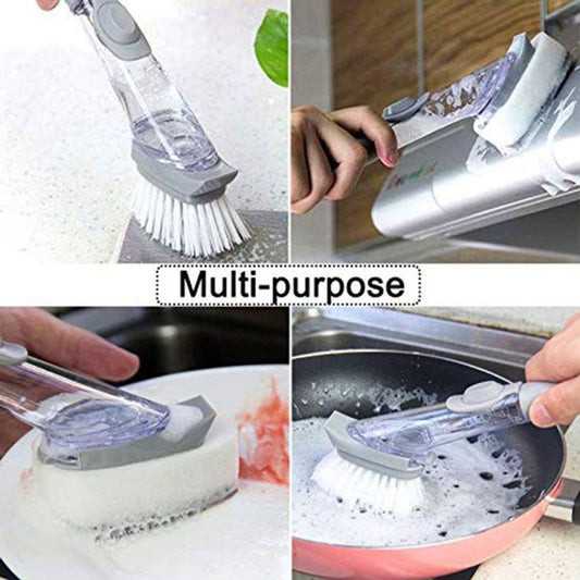 Automatic Liquid Tank Kitchen Cleaning Brush Scrubber Dish Bowl Washing Sponge with Refill Liquid Soap Dispenser Handle Sponge with Wok Brush Kitchen Pot Cleaner Tool - Pack of 1